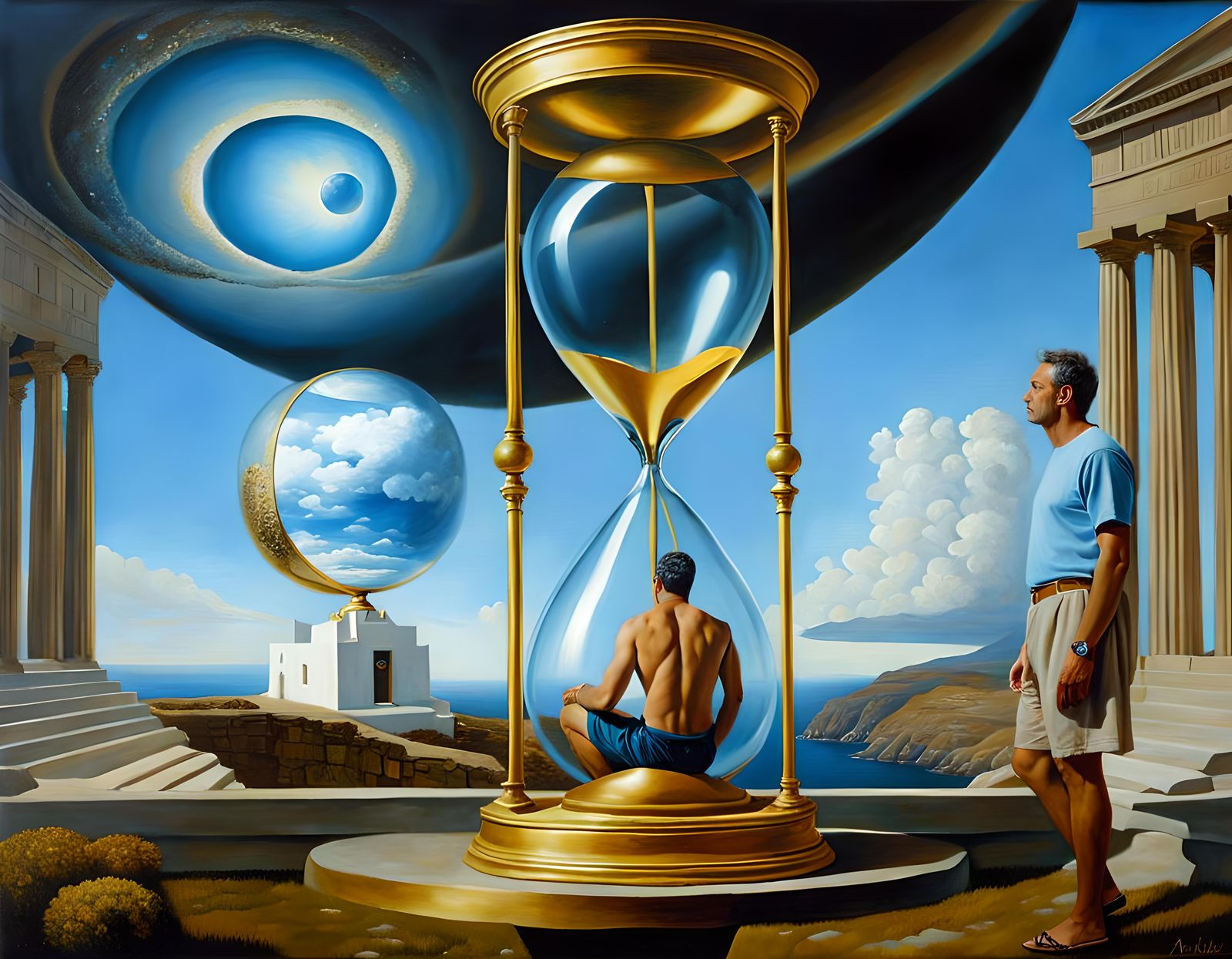 Chronos Watching Hourglass in Surreal Oil Painting