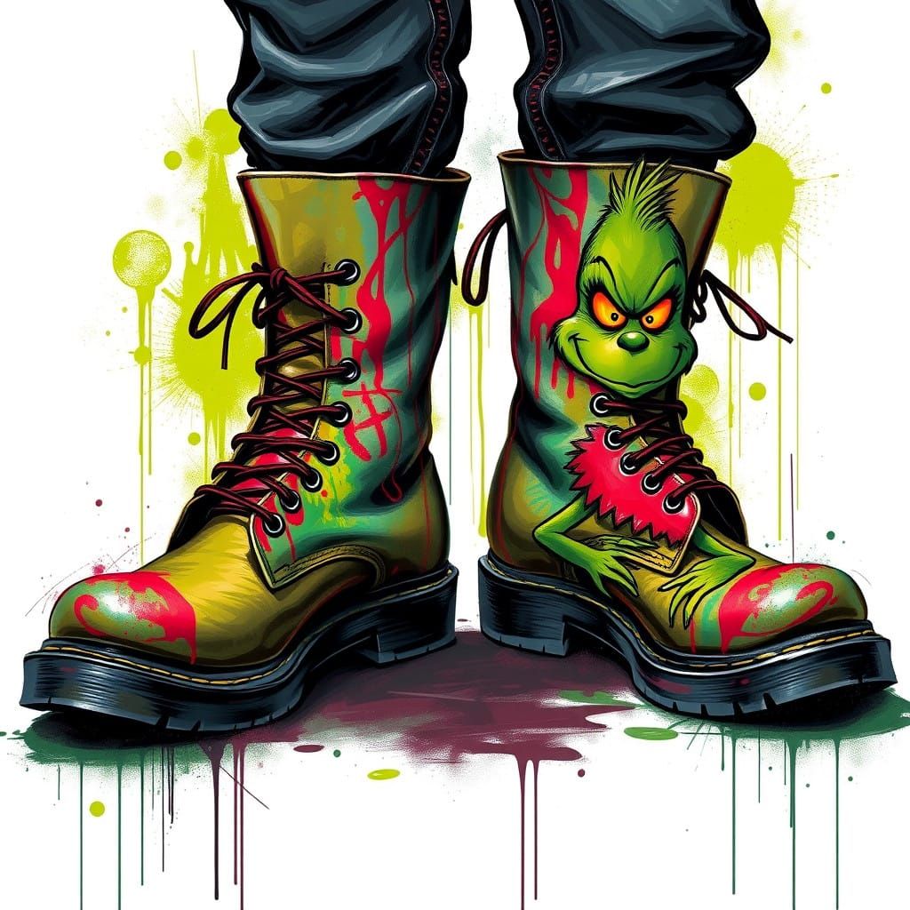 Surreal Street Art Boots Feature Grinch in Vibrant Polychrom...
