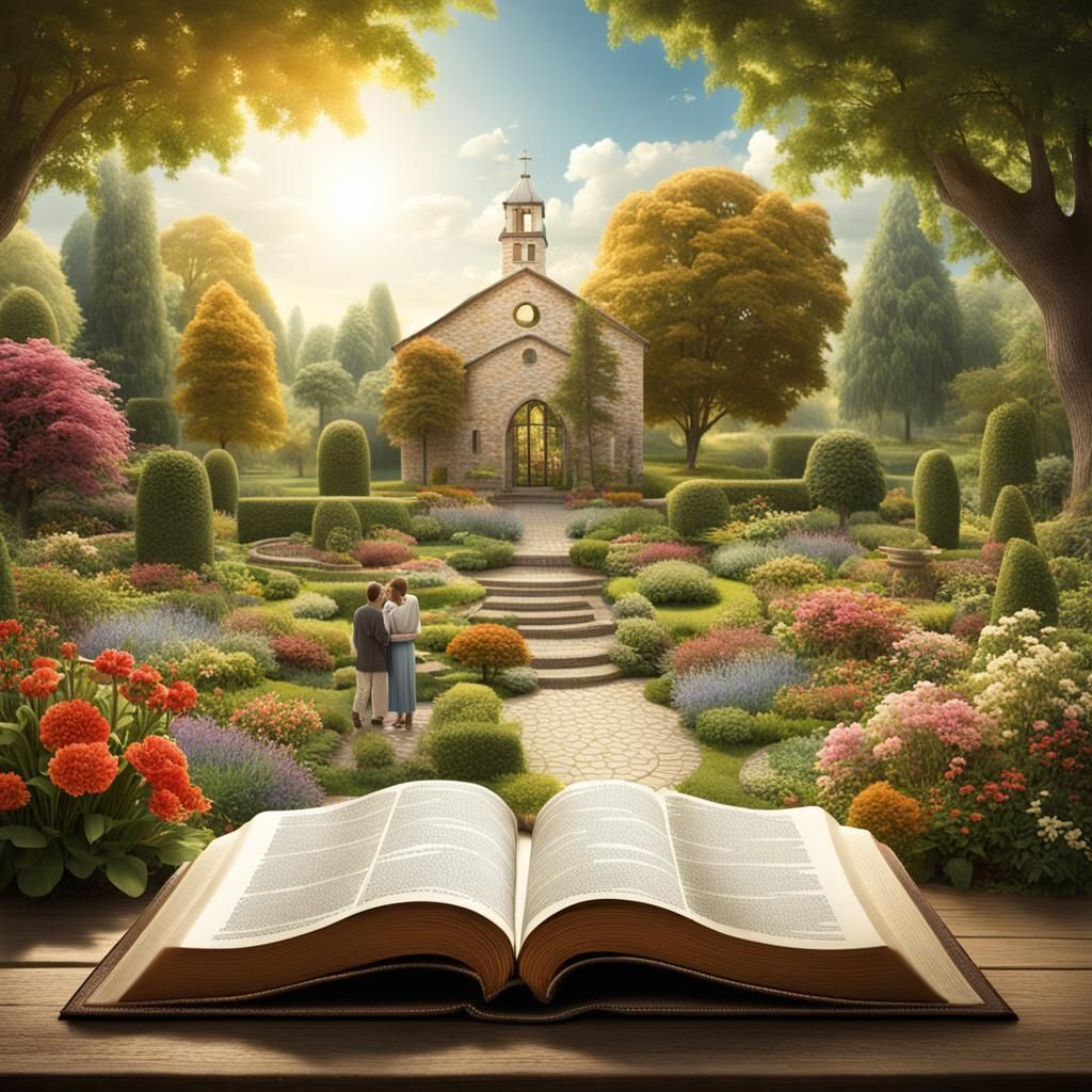 Joyful Couple with Bible in Garden Matte Painting