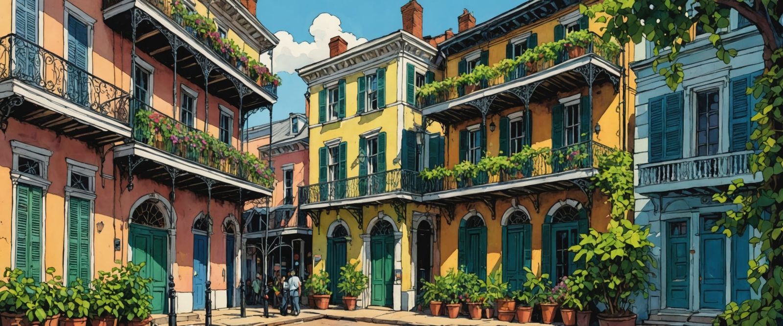 New Orleans French Quarter in Watercolor Style