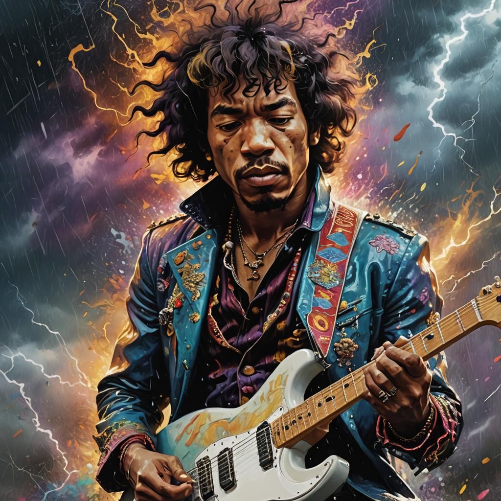Hyperrealistic Guitarist in Storm, Splash Art