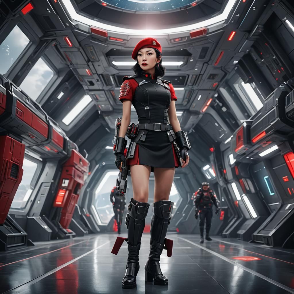 Sci-Fi Officer in Red Beret on Spaceship Bridge