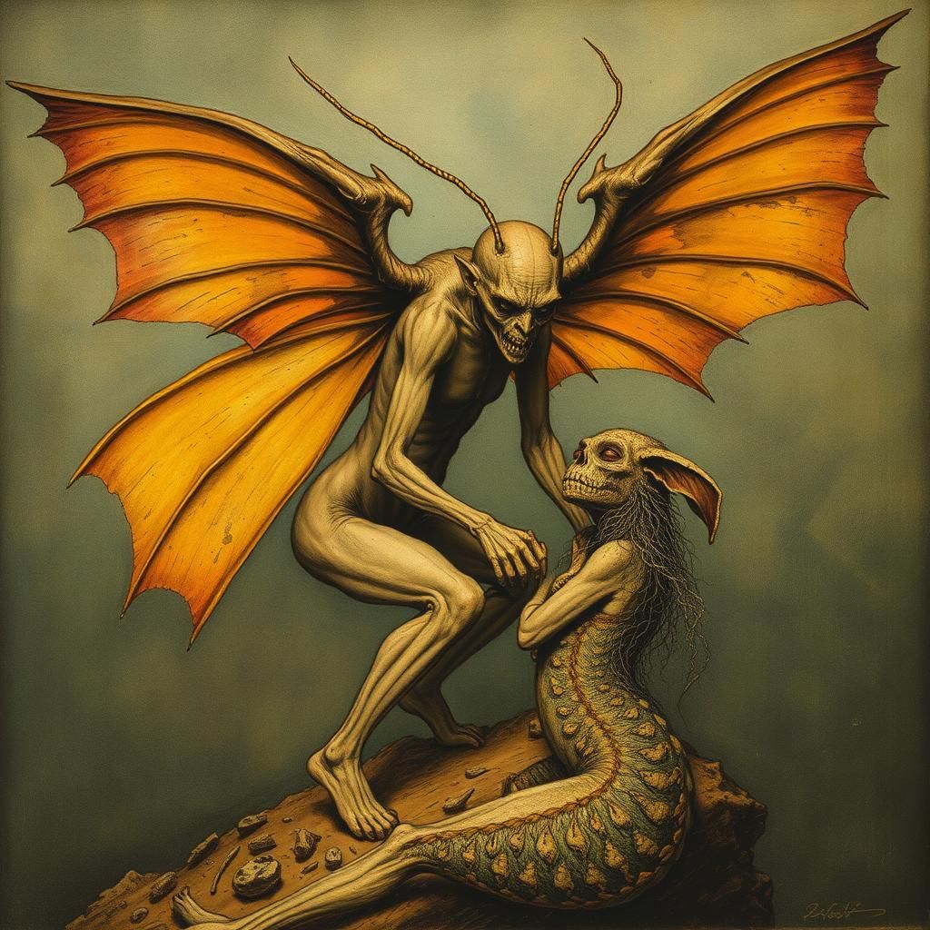 Grotesque Winged Fairy in Pen-and-Ink Style