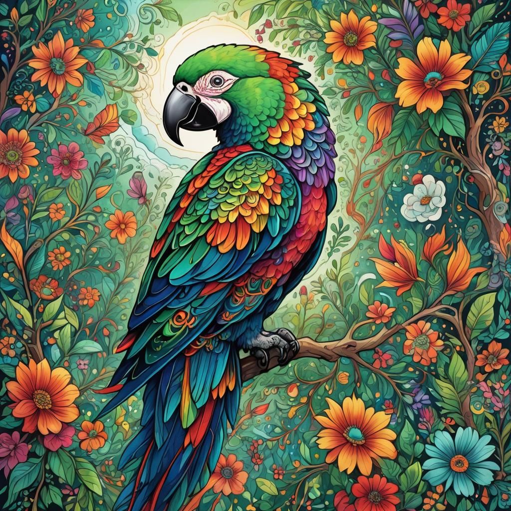 Fantastical World Inside Parrot Head in Art Nouveau Style