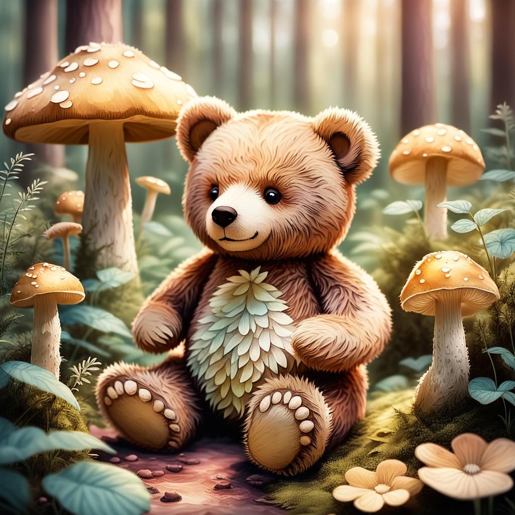 Teddy Bear on Mushroom, Watercolor Illustration