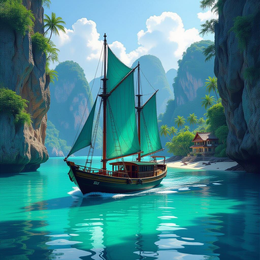 Asian Junk-Rig Sailboat in Phucket Cove: Splash Art Style
