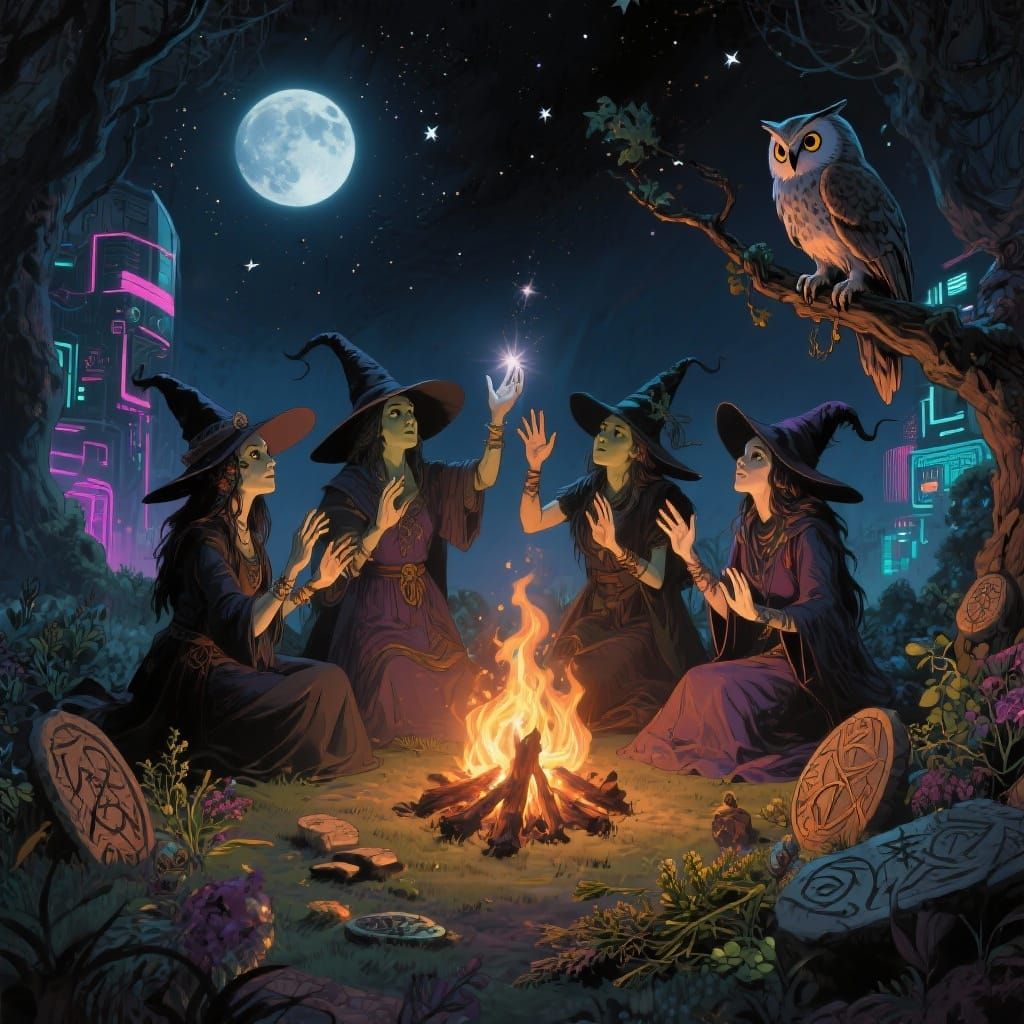 Witches Casting Spell in Moonlit Clearing