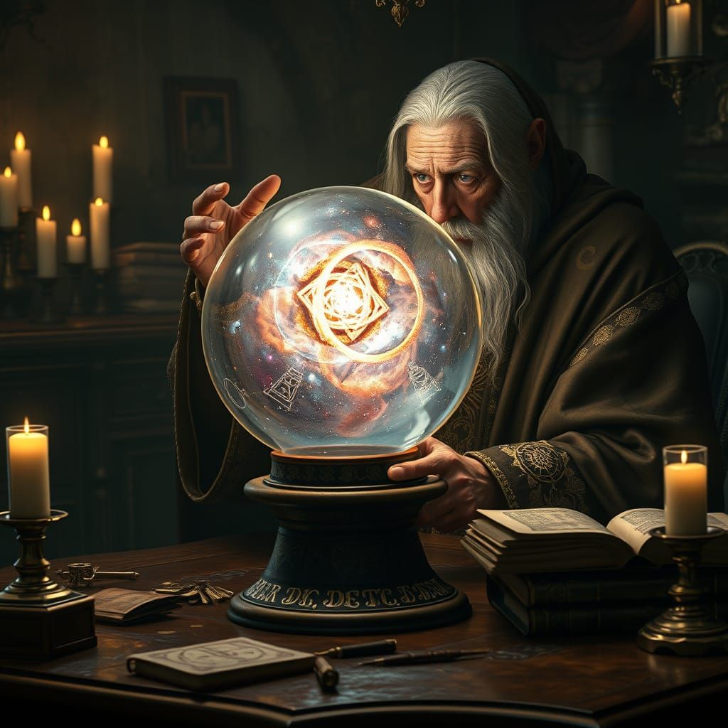 Alchemist Contemplates Cosmic Secrets in Crystal Ball
