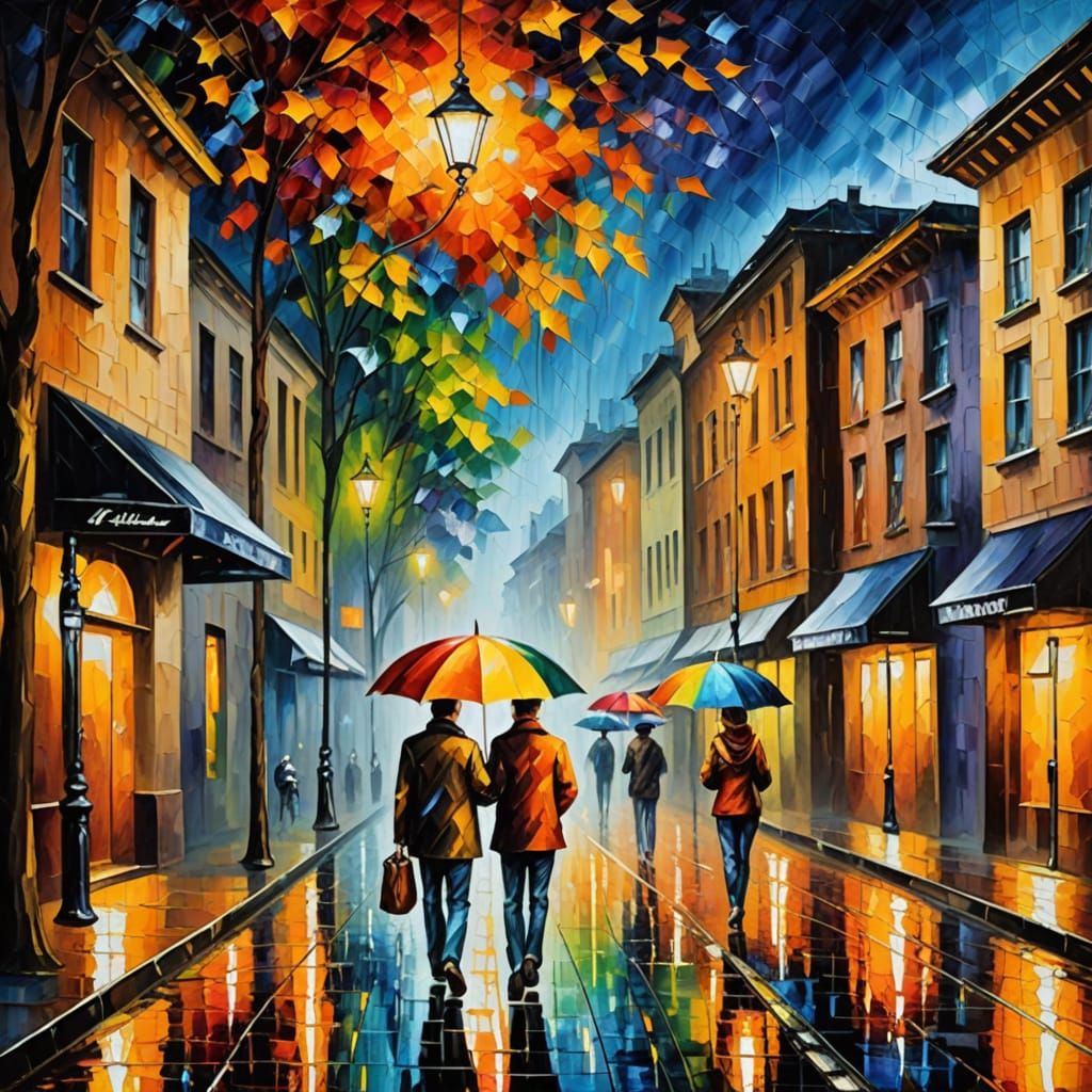 Golden Rainy City Street in Vibrant Oil Painting Style