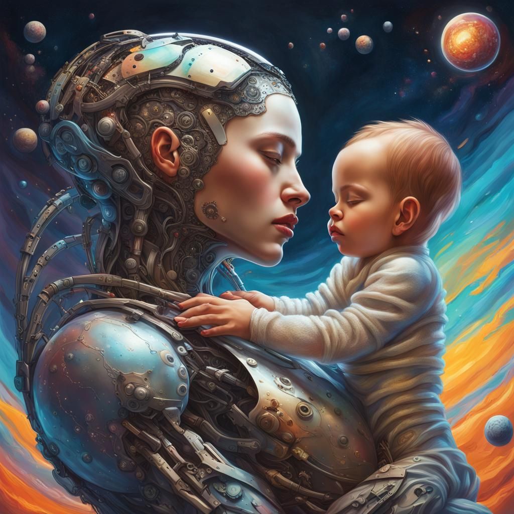 Cyborg Mother and Child in Hyperrealistic Style