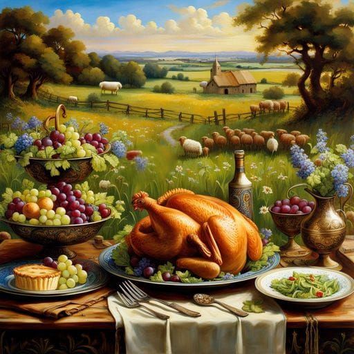 Medieval Feast in Meadow, Waterhouse Style