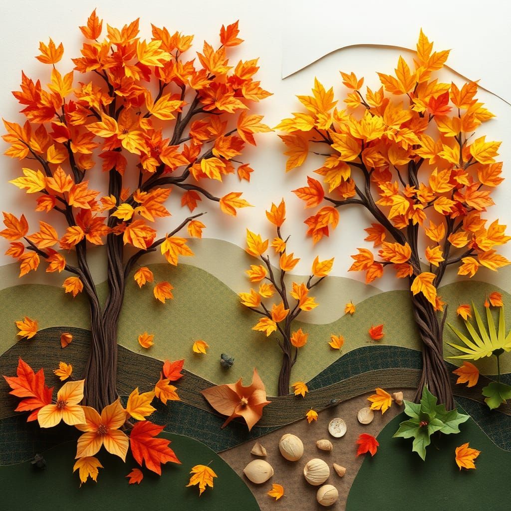 Papercraft Origami Autumn Scene in Golden Hues