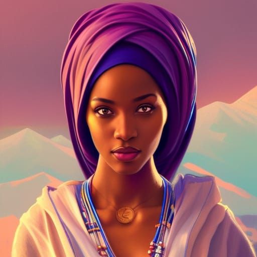 Futuristic African Girl in Colorful Hijab, Detailed Portrait