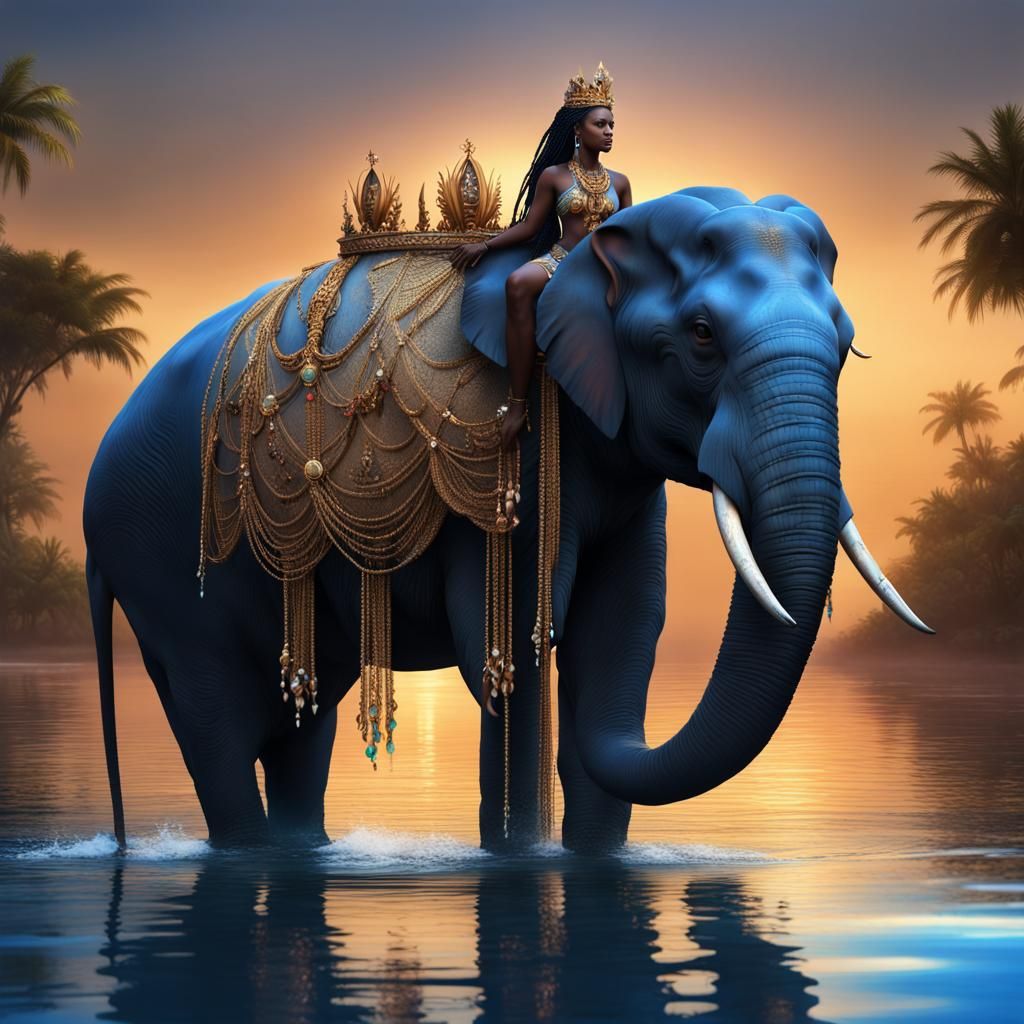 Yemaya and Elephant in Nile River, Digital Art