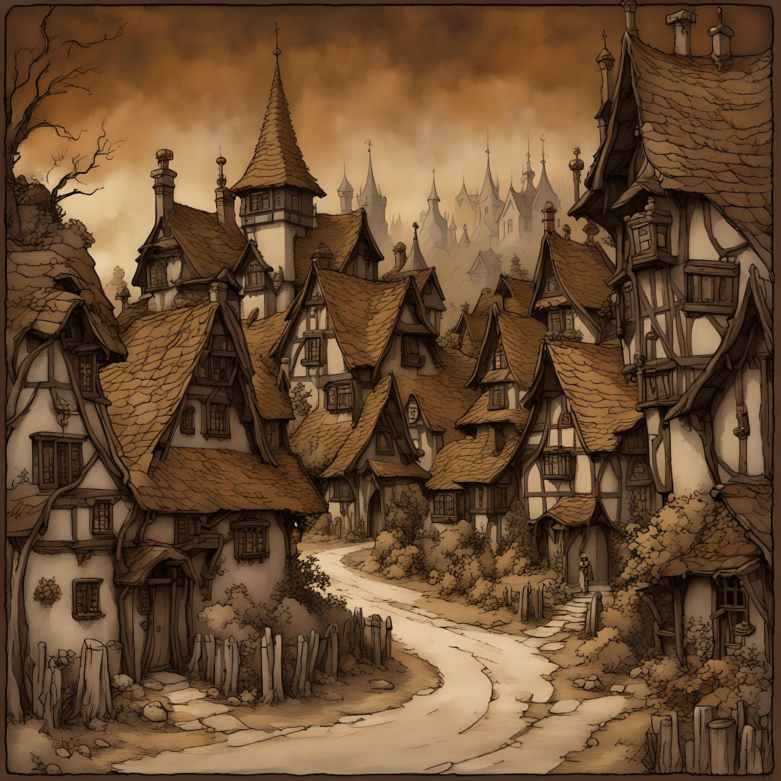 Fantasy village, palette dark brown, arthur rackham