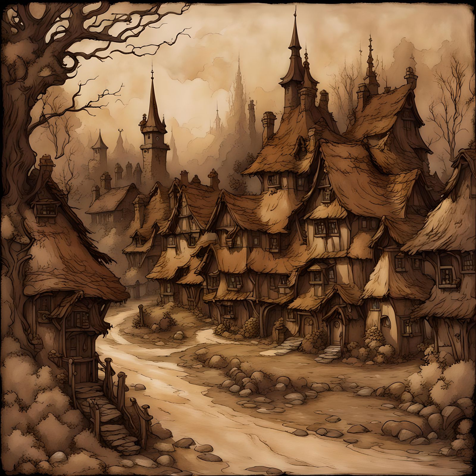 Fantasy village, palette dark brown, arthur rackham