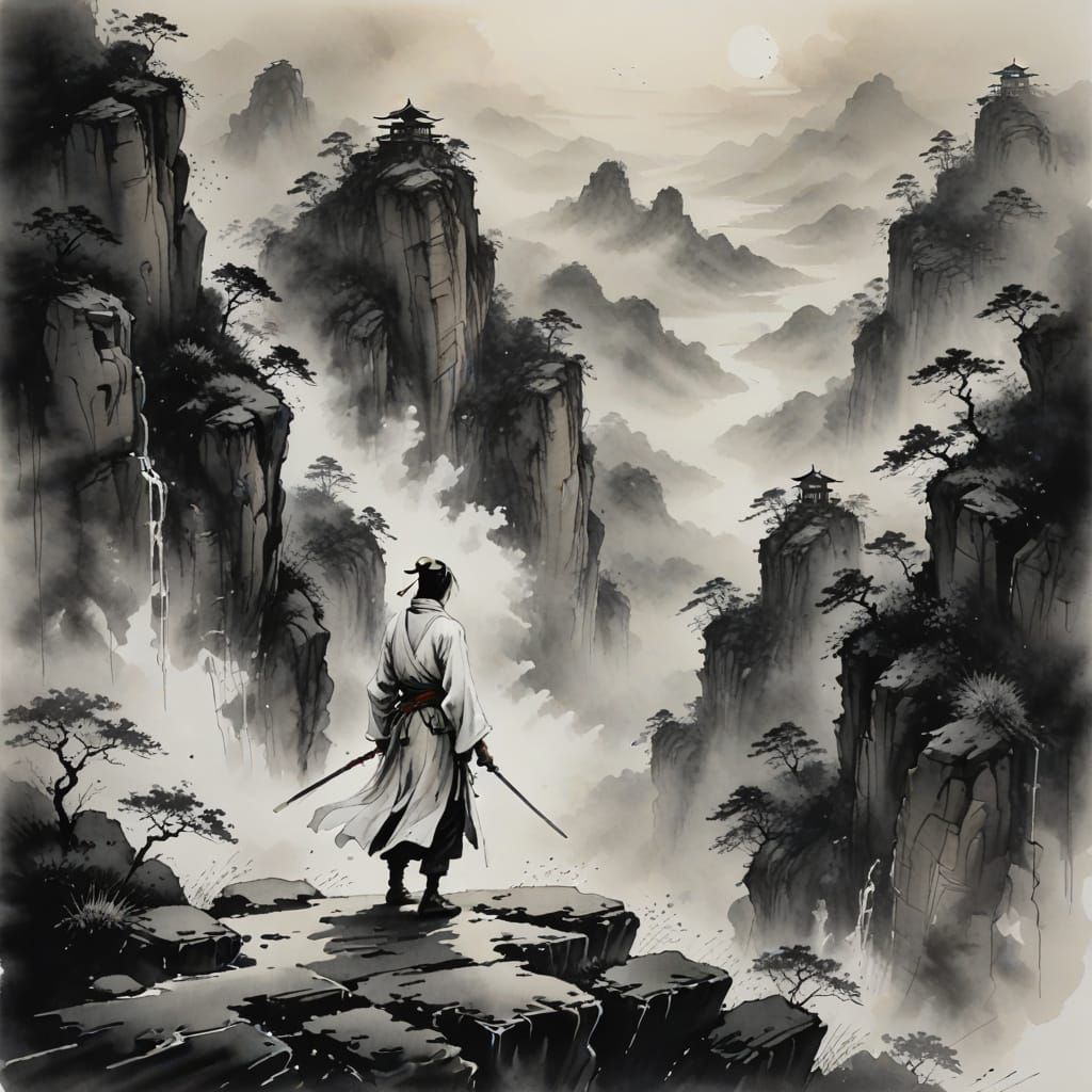 Swordsman in Ink Wash Painting on Clifftop