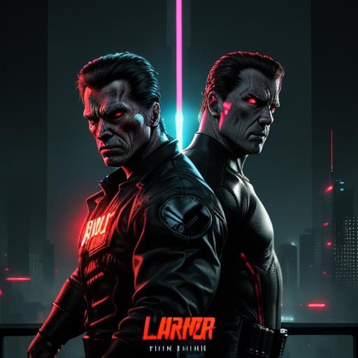 Terminators Back to Back in Neon Noir Cityscape