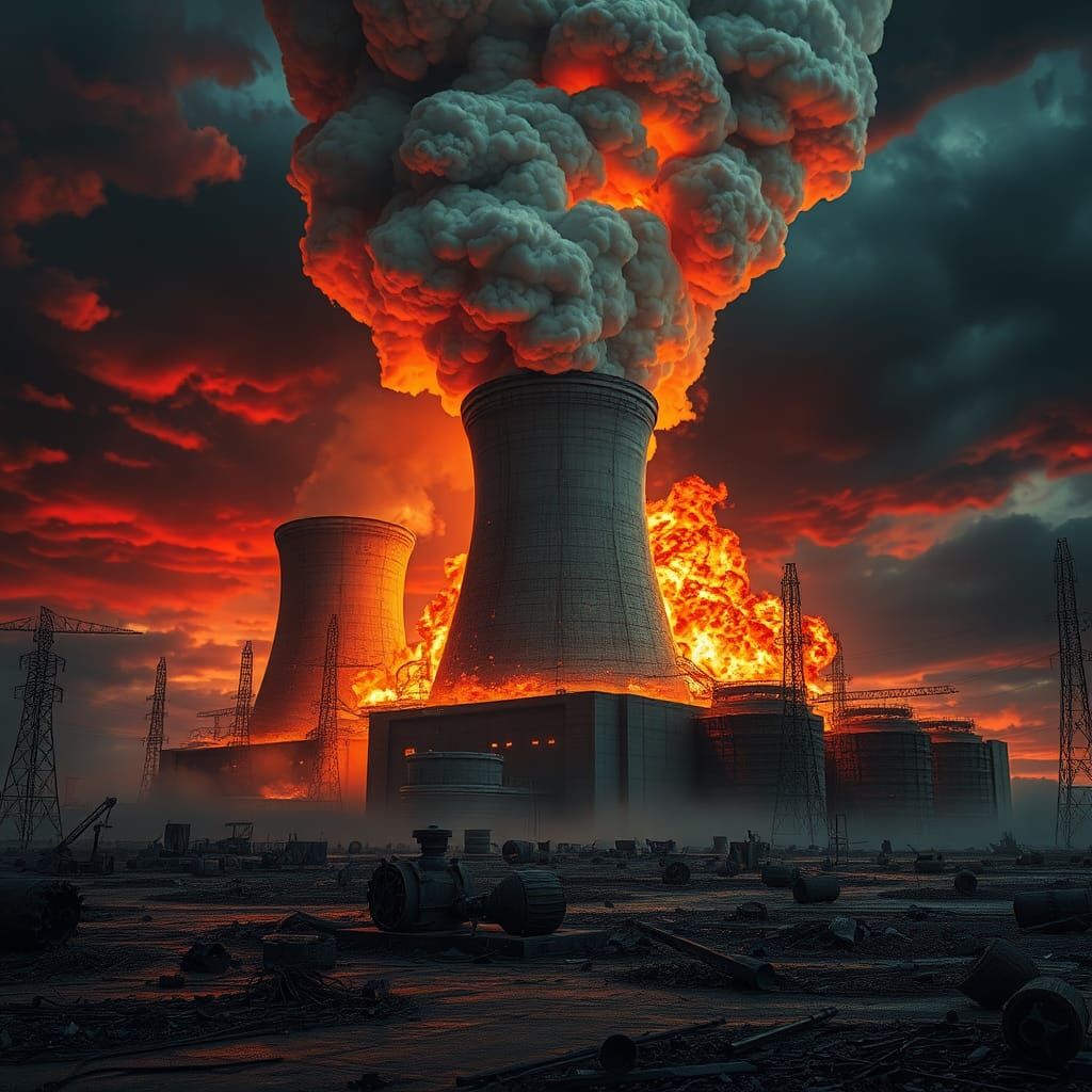 Nuclear Power Station Explosion in Dramatic Lighting