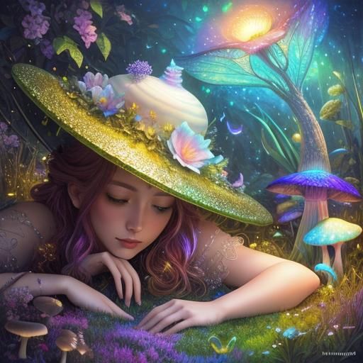 Sleeping Fairy Under Iridescent Mushroom in Surrealism