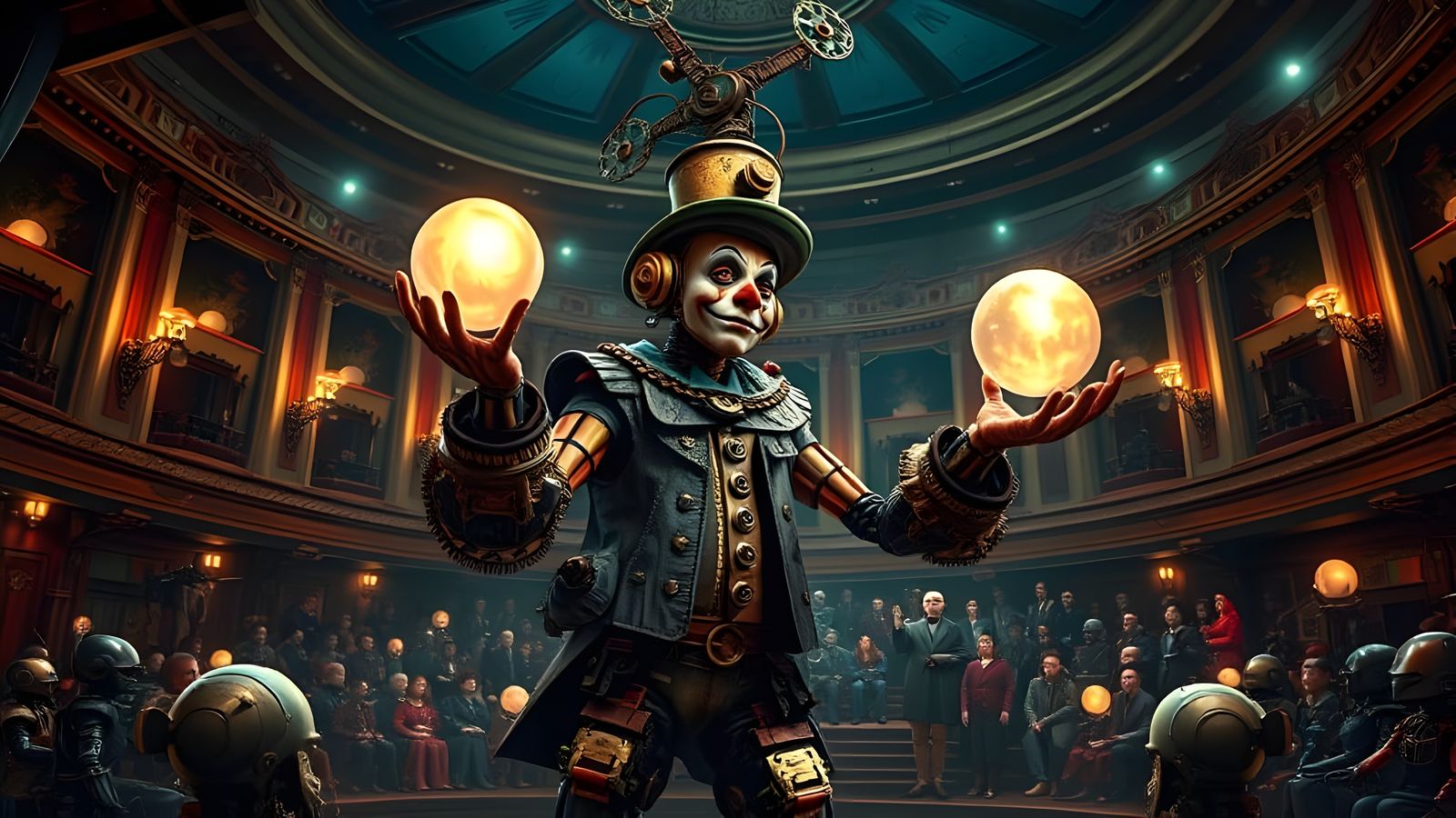 Steampunk Robot Clown Juggler in Victorian Theater