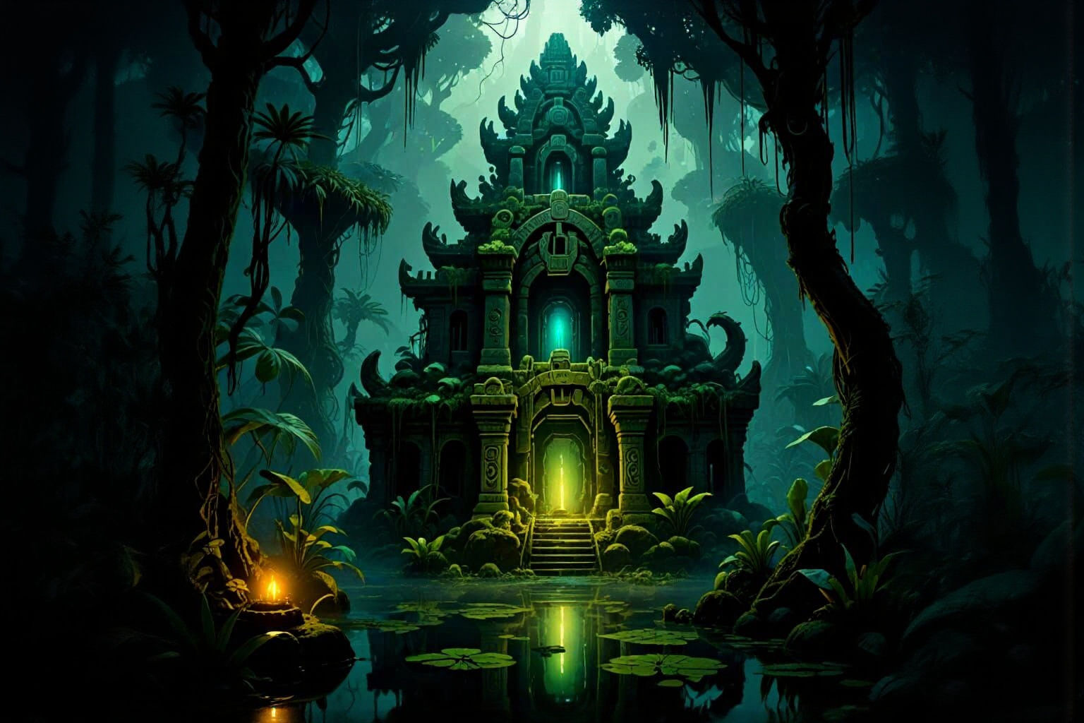 Mystical Jungle Temple in Misty Swamp with Glowing Runes