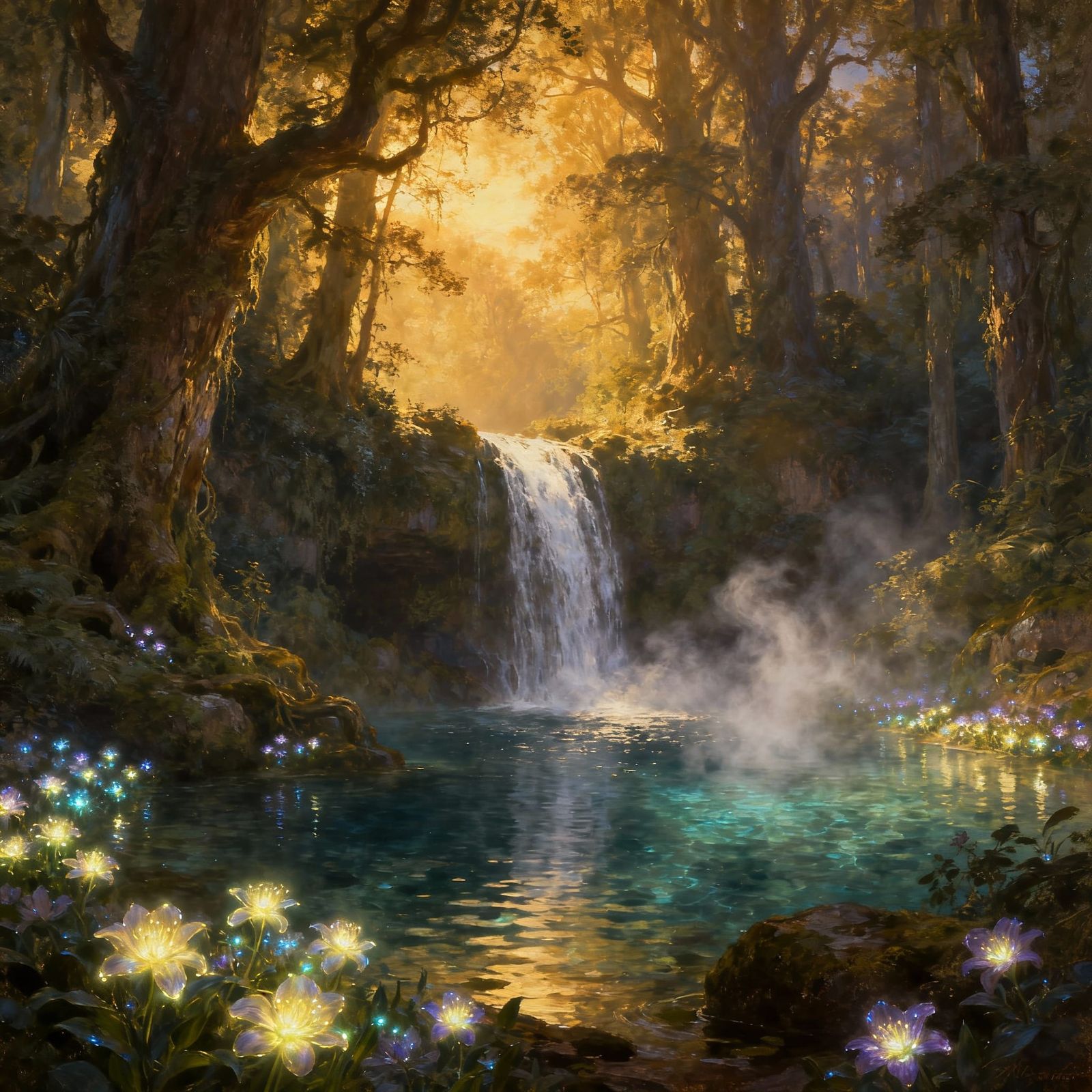 Enchanting Waterfall in Ancient Forest with Luminescent Flow...