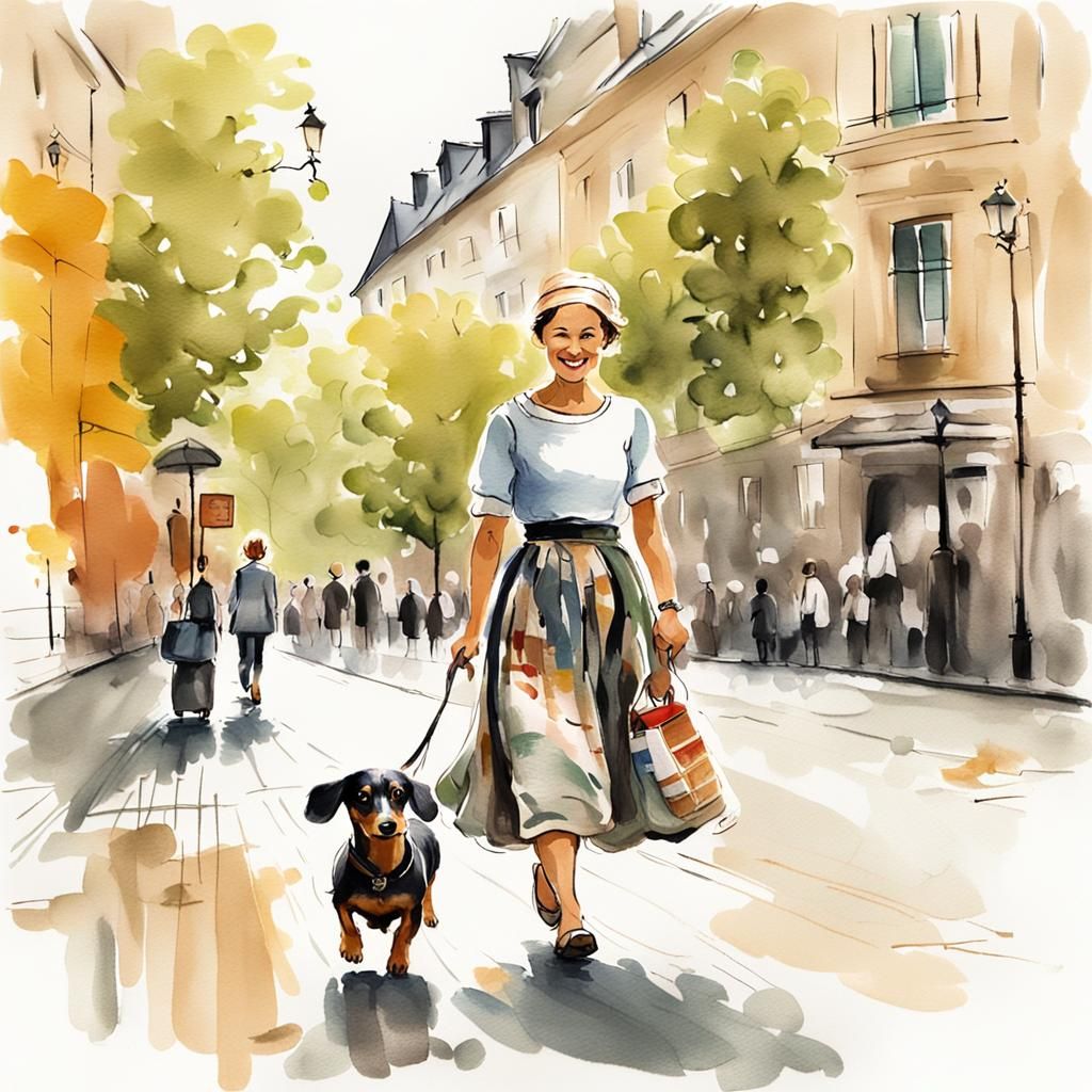 Woman and Dachshund in Frankfurt: Ink Wash Illustration