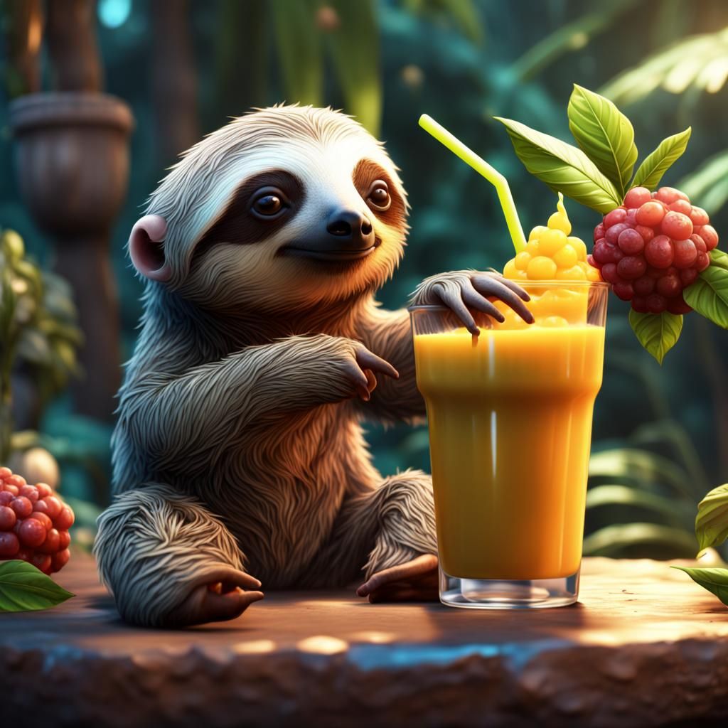 Baby Sloth Enjoys a Colorful Smoothie