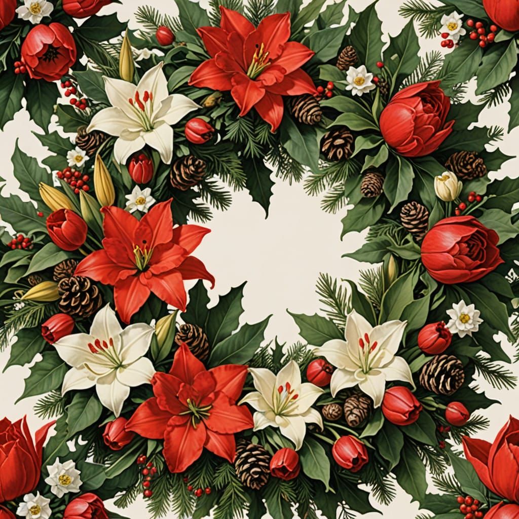 Vibrant Holiday Floral Wreath in Whimsical Impressionist Sty...