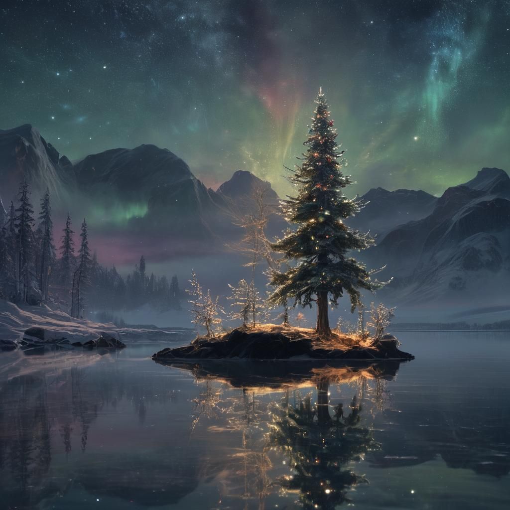 Diamond Christmas Tree Under Northern Lights