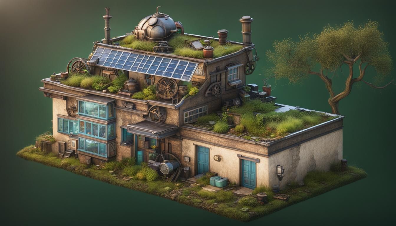 Steampunk House with Rooftop Vegetation on Hill