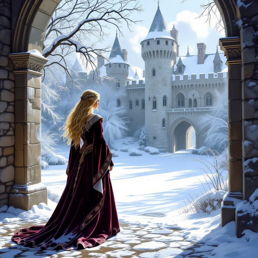 Regal Maiden Gazes at Snowscape in Medieval Courtyard