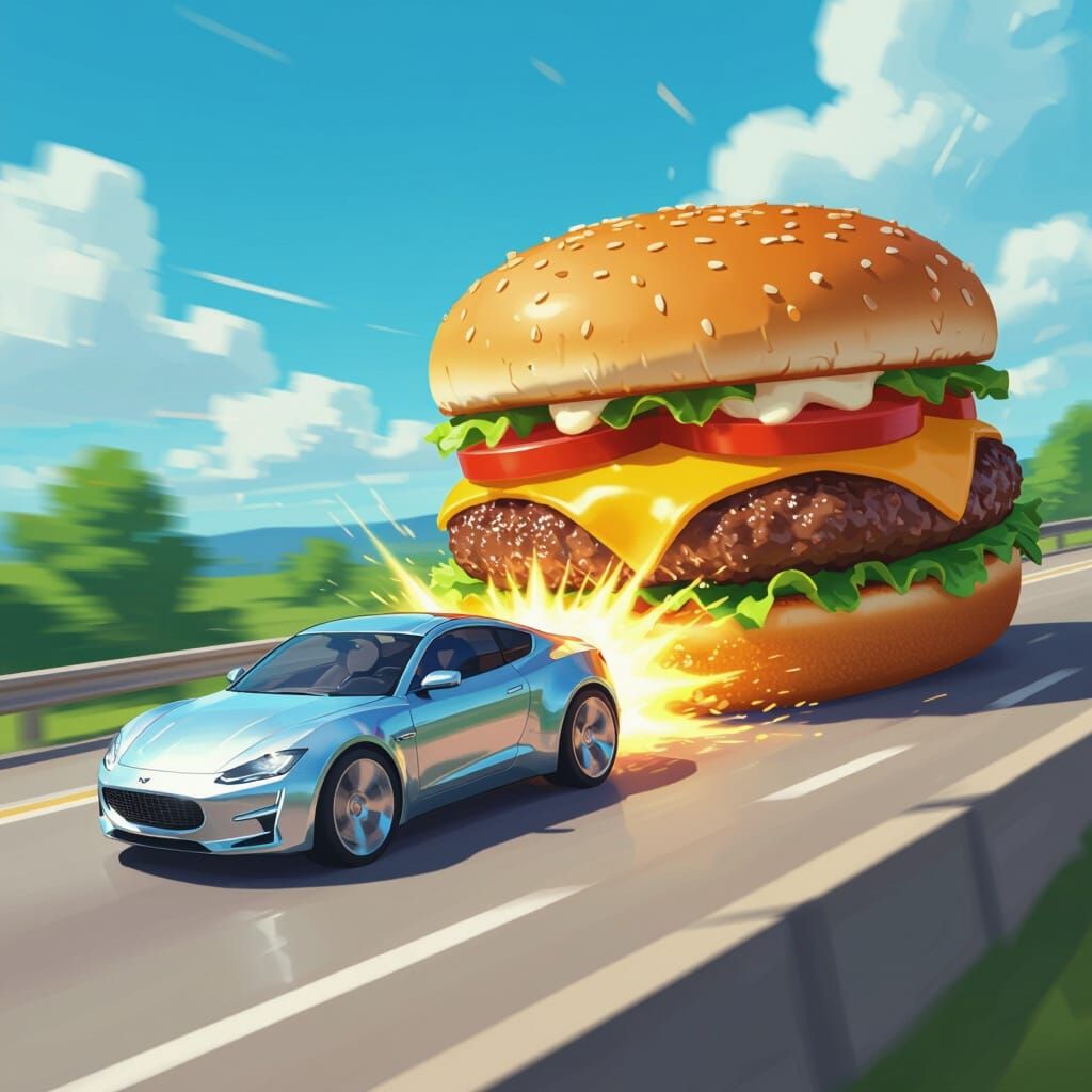 Nugget Car Crash with Cheeseburger in Cartoon Style