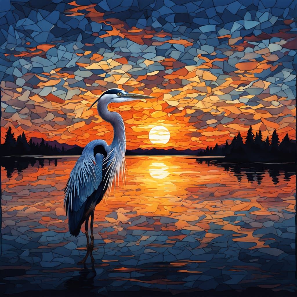Van Gogh-Inspired Great Blue Heron in Serene Sunset Landscap...