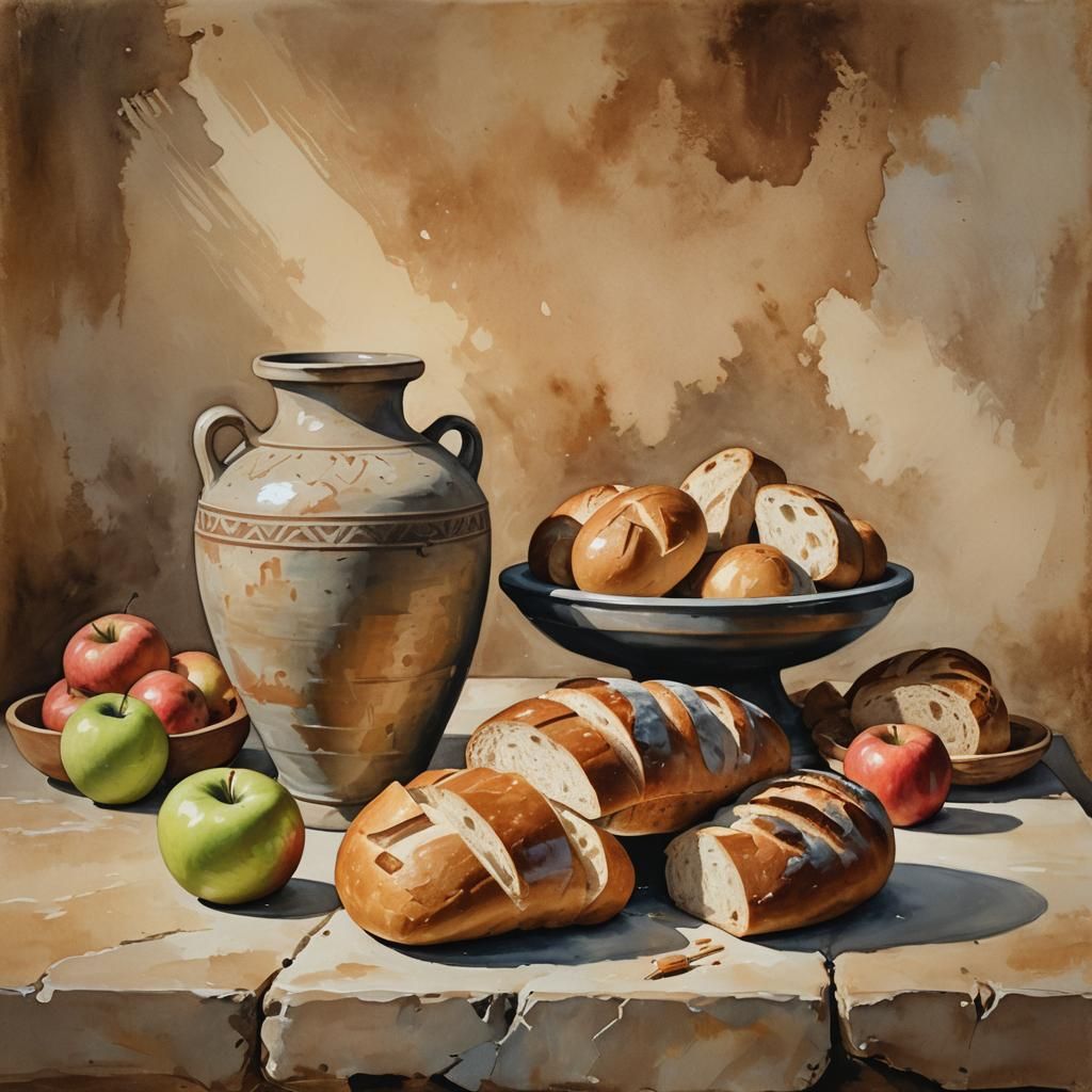 Gouache Still Life with Bread and Amphora