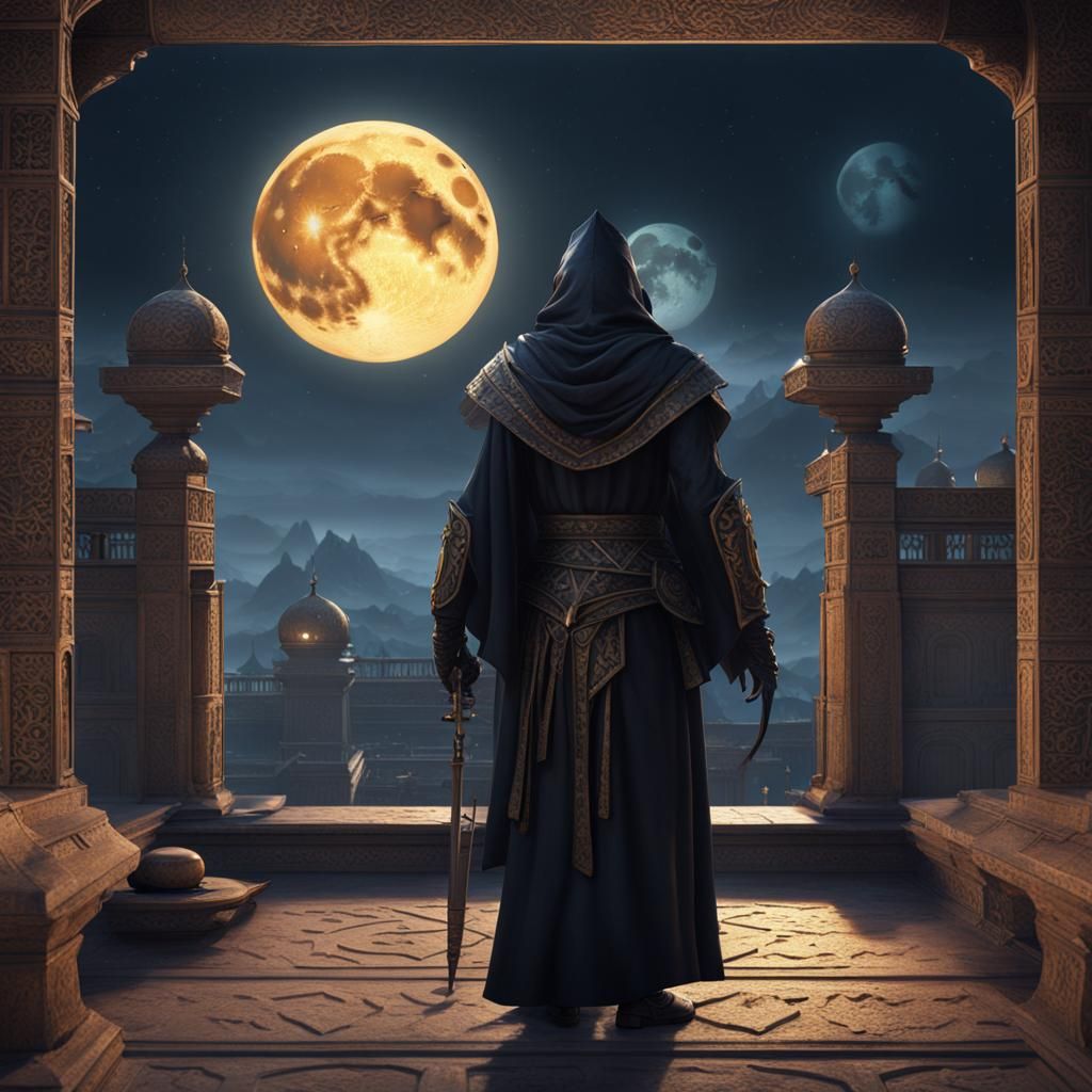 Moonlit Assassin Climbing Palace Roof