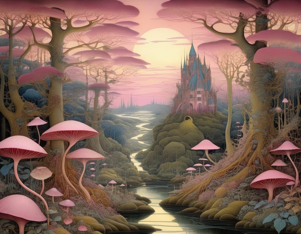 Whimsical Fairytale Landscape in Art Nouveau Style