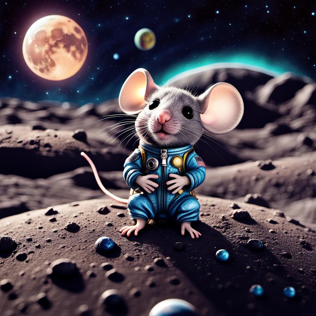 Chibi Mouse on Moon with Starry Sky