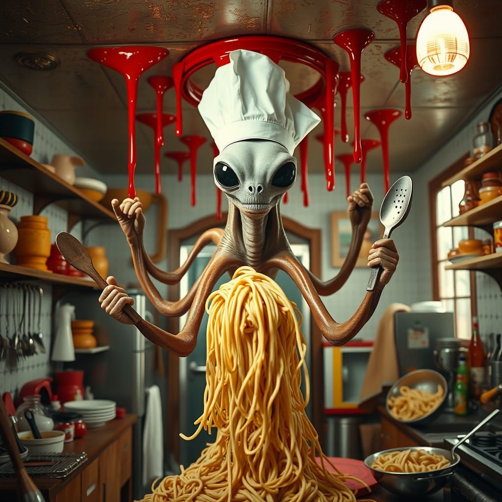 Alien Chef's Chaotic Spaghetti Adventure in Retro Kitchen