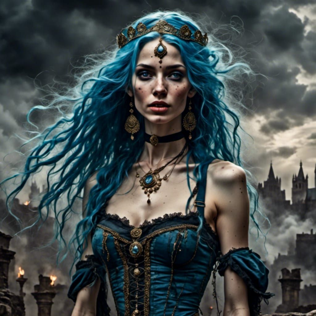 Beautiful Woman in Corset with Blue Hair