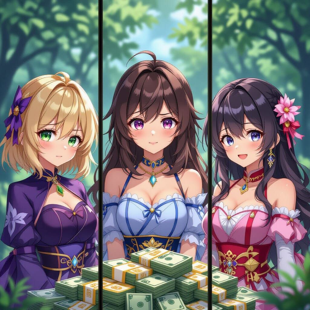 Triptych Painting of Three Girls: Sadness, Anger, and Joy