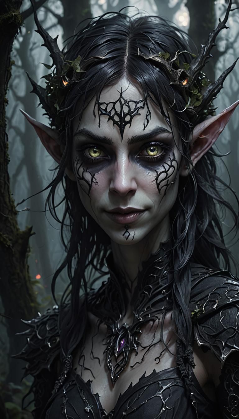 Gothic Elf Smiles in Misty Forest: So-bin Art