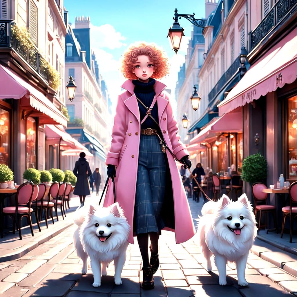 Vibrant Parisian Girl Strolls with Japanese Spitz in Anime-I...