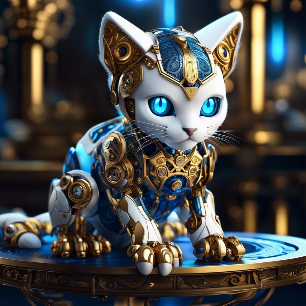 Intricate Gold and White Robot Kitten: Fantasy Art