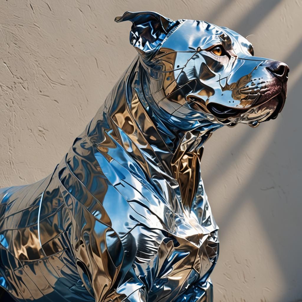 Aluminum Foil Pitbull Sculpture in Sunlight