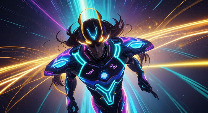 Handsome Youth in Futuristic Neon Cityscape in Vibrant Digit...