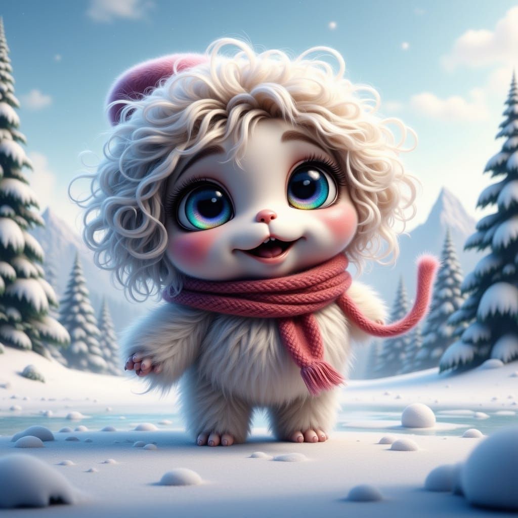 Cute Baby Woolly Mammoth on a Serene Frozen Lake