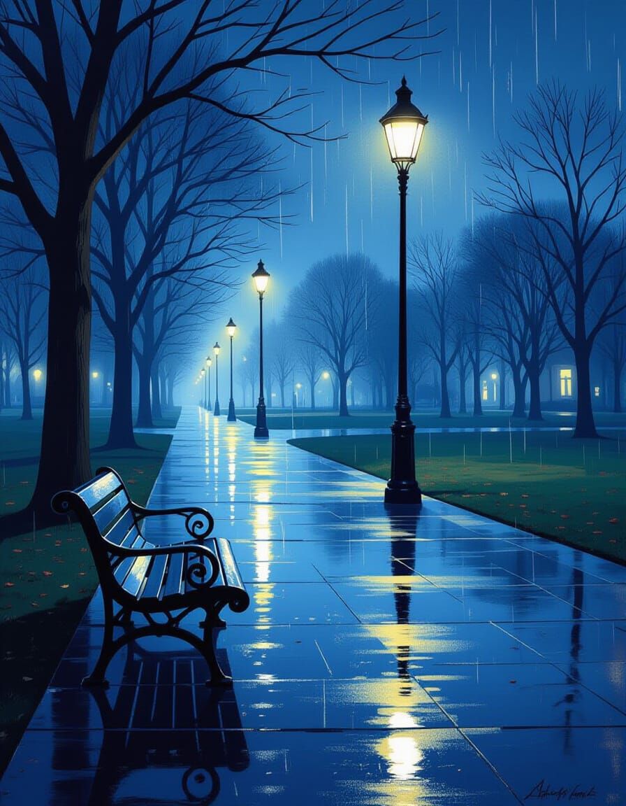 Moody Park Bench in Rain, Lit by Streetlights