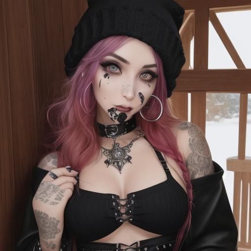 Beautiful Goth Woman with Piercings and Gingerbread House